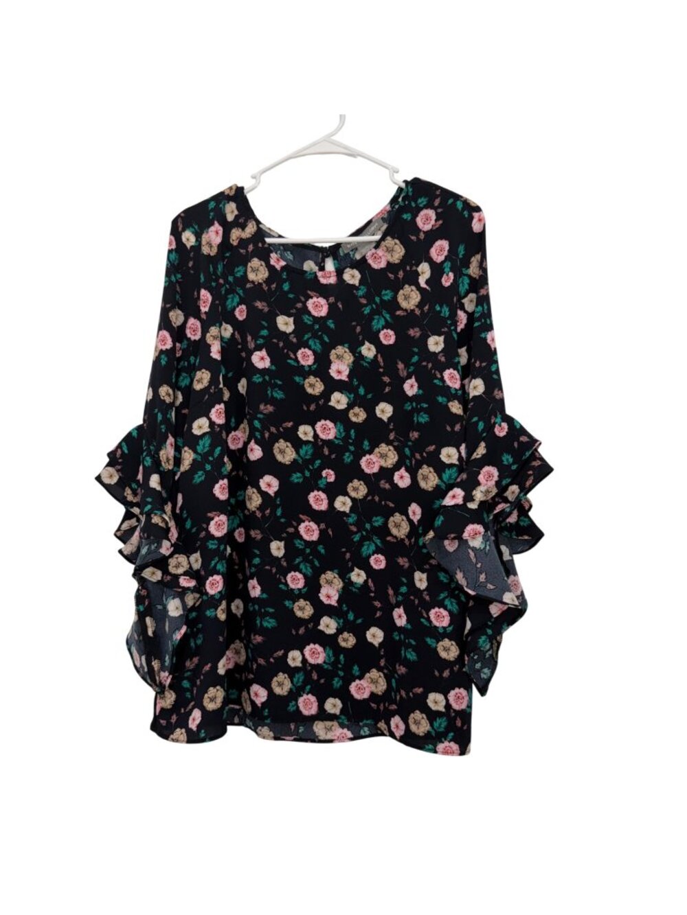 Kate & Mallory Women Black Floral 3/4 Ruffle Sleeve Blouse SZ XL 100% Polyester